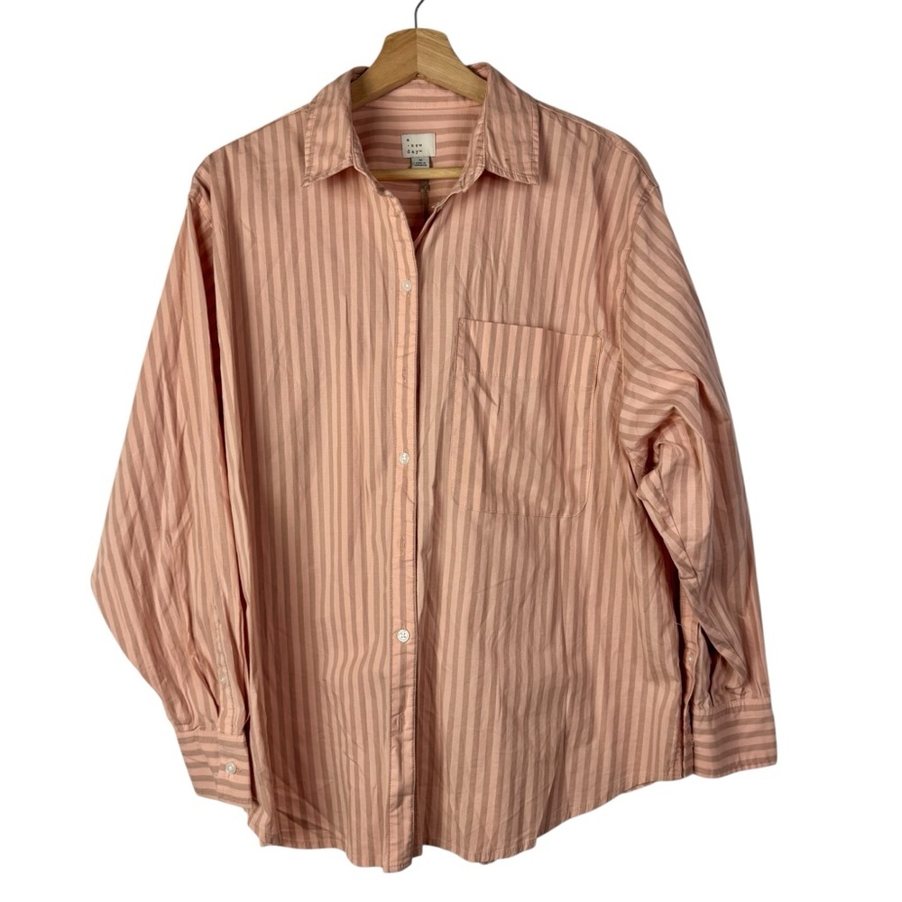 A New Day Pink Orange Stripe Boyfriend Long Sleeve Button Down Dress Shirt M